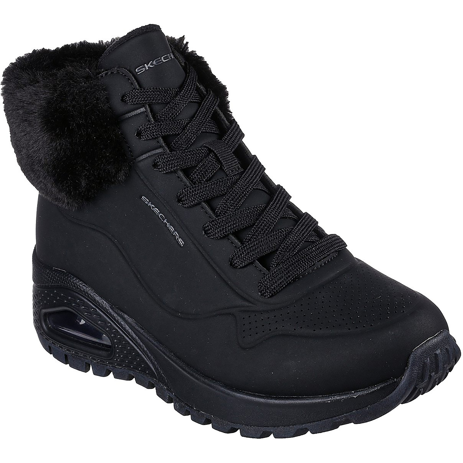 Damen Skechers Schwarz FAUX FUR COLLAR LACE UP SNEAKER BOO Freizeitschuhe